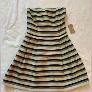 Rachel Roy Women Strapless Mini Dress Black Beige Stripes Size 2 New NWT